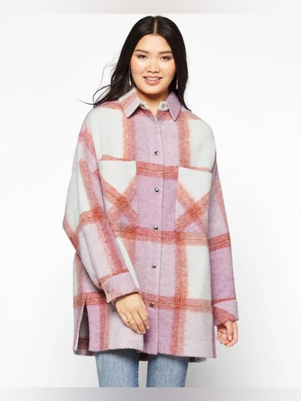 IRO Lemina Plaid Wool Blend Shirt Jacket in Pink/Cream, Size 34 (US 2/XS)